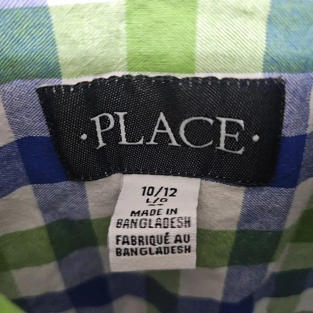THE CHILDREN’S PLACE Kids Boy's Blue Green Plaid Button Down Shirt Size 10/12